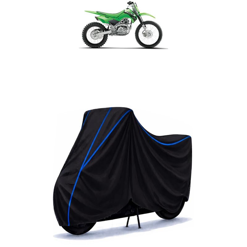 Image of KX 85 Bike Cover Water Resistant Universal Motorcycle Rain | Heavy Duty UV Protection, Dust, Scratch Indoor Outdoor All Weather with Black Blue Piping Elastic