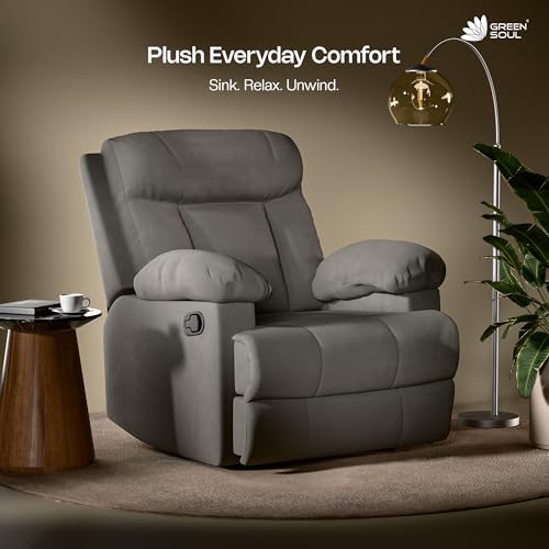 Image of Green Soul Cloud | Single Seater Manual Recliner Sofa | Ultra Soft Suede Fabric | Recline & Relax (R1) | Oversized Leg Rest & Cushioned Lumbar (Grey)