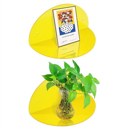 ROYALITA Small Acrylic Shelves Room Decor Floating Shelves (2-Pack, 8-inch Diameter) - Wall Mounted Display Stand for Plants, Toys, Makeup, and More - Ideal for Home and Office, Yellow