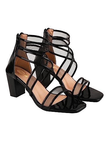 Image of Shoetopia Patent Multi Cross Strap Block Heeled Sandals for Women & Girls