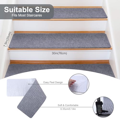 15 PCS Non Slip Stair Treads for Wooden Steps – 20 x 76cm Indoor Non Slip Stair Treads, Carpet Stair Mats with Self-Adhesive Backing, Removable & Machine Washable – Light Grey