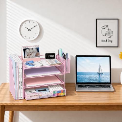 Image of OPNICE Desk Organizers and Accessories, 4-Tier Desktop File Organizer with Drawer and Pen Holders, Office Desk Accessories Workspace Organizers for Office Supplies (Soft Pink)
