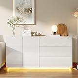 Zorvani Sideboard Hochglanz mit LED, Kommode Aufbewahrungsschrank mit 2 Türen und 3 Schubladen, Anrichte Buffetschrank Mehrzweckschrank mit viel Stauraum, für Esszimmer, Wohnzimmer, Küche (Weiß)
