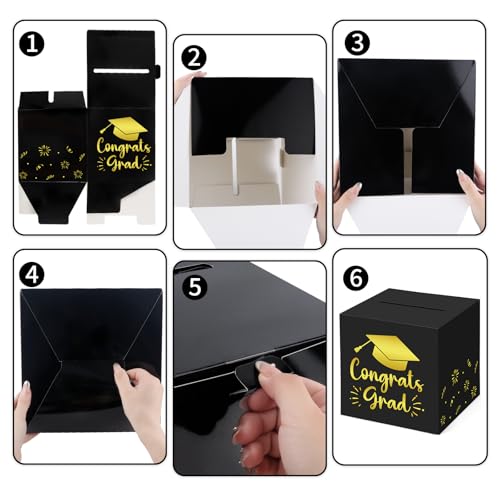 Image of Hooqict Graduation Card Box with Slot 9.1 inch Congrats Grad Black Gold Money Card Box for Class of 2026 Graduation Decorations Money Envelope Gifts Cards Holder Grad Party Supplies