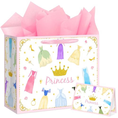 Reyoust 13 Large Princess Themed Gift Bags With Handles and Pink Wrapping Paper Greeting Card Crown Dress Design Gift Bag for Girls Birthday Party Baby shower Decor 1Pcs 13 L x 10.2 H x 4.9 W