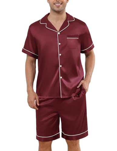 Image of Veseacky Mens Silk Satin Pajamas Set Short Sleeve Sleepwear Button-Down Pjs Sets Two-Pieces Loungewear with Pockets S-XXL