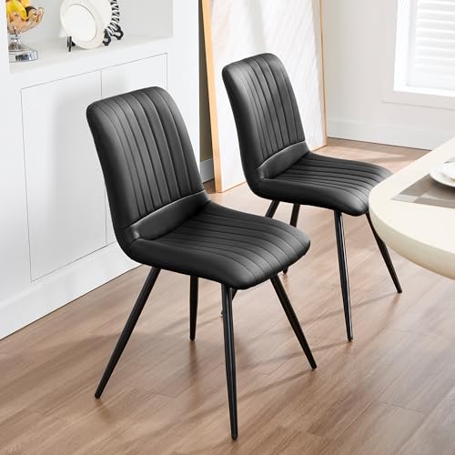 Image of Dining Chairs Set of 6, Modern Dining Chairs with Thick Cushions, Faux Leather Kitchen Chairs with Metal Legs for Dining Living Room (Black)