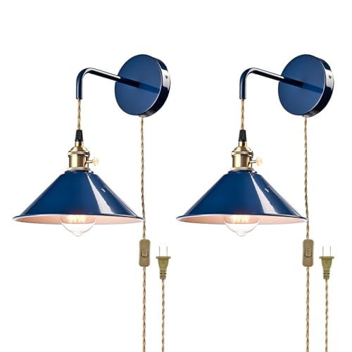 Image of Plug-in Macaron Wall Sconce, Hanging Height-Adjustable Wall Lamp Set of Two, Hardwire Optional, Blue Industrial Wall Light Fixture for Home Office