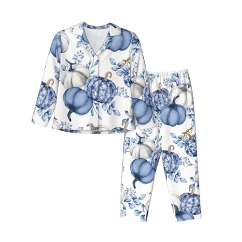 Fall Pumpkin Pajama Women'S Blue Pumpkin Bows Pajamas Set Long Sleeve Long Pants 2pcs Sleepwear