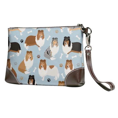 EgoMed Rough Collie Paws And Bones,Borsa da polso in pelle PU, pochette da donna con cerniera, portafoglio e cinturino da polso