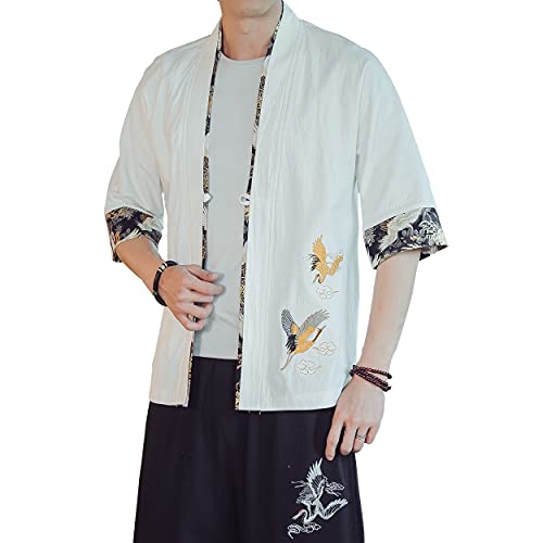 Image of PRIJOUHE Men's Kimono Jackets Cardigan Lightweight Casual Cotton Blends Linen Seven Sleeves Open Front Coat Outwear