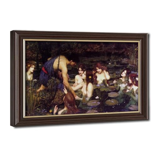 Impression sur toile de qualité musée : Hylas et les nymphes de J.W. Waterhouse avec cadre en bois