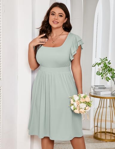 Image of ShopWonder Women Plus Size Midi Dress Short Ruffle Sleeves High Waist Casual Summer Dress with Pockets