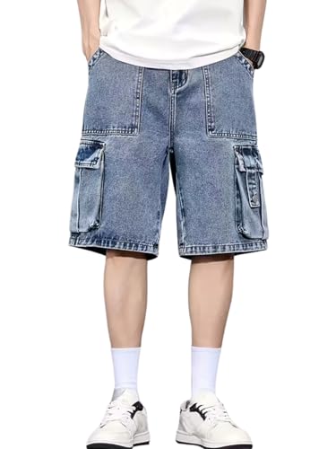 Image of GRECIILOOKS Denim Cargo Shorts for Men Stylish | Washed Jeans Half Pant for Men | Knee Length Cargo Shorts for Mens | Regular Fit Mens Pant Casual, Utility Streetwear Jorts, Travel Summer Wear
