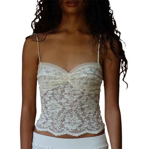 Women Lace Mesh Crop Tank Tops Sleeveless Patchwork Strappy Going Out Tops Camisole Y2k Slim Fit Cami Shirts
