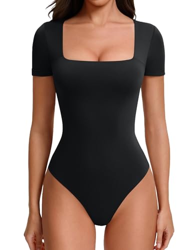 Avidlove Black Bodysuit Women Square Neck Body Suits Short Sleeve Soft Seamless Slim Fit Basic Tee Shirts