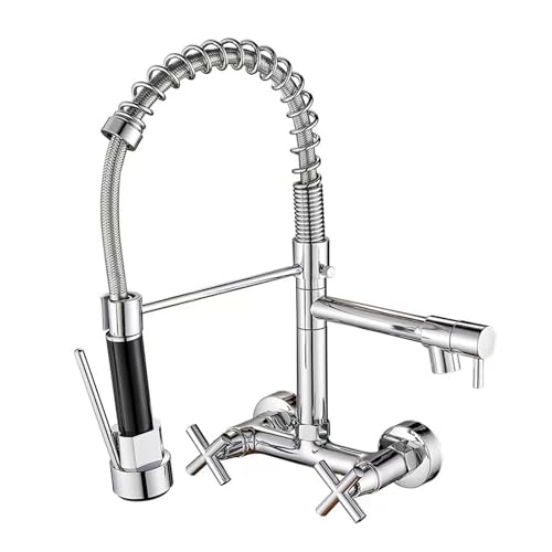 Grifos de Cocina Grifo Mezclador de Fregadero Giratorio de Pared de Latón con Doble Manija para Agua Caliente Y Fría - Cromo