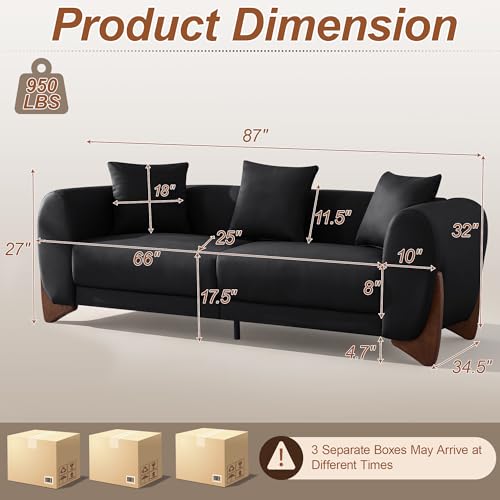 Image of 87 inch Faux Leather Cloud Couch Modern 3 Seater Sofa with Solid Wood Legs, 25 inch Extra Deep Seat, Comfy Thick Cushion Upholstered Sofa Couches with 3 Pillows for Living Room, Black