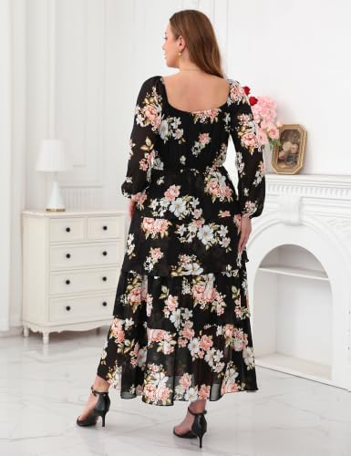 Image of EYWOL Plus Size Long Sleeve Floral Tiered Semi Formal Wedding Guest Dress | Chiffon Maxi, On or Off Shoulder, Flowy A-Line, Side Slit, Elastic Back Waist, Cocktail, Dinner Party, Engagement, Prom, Gala