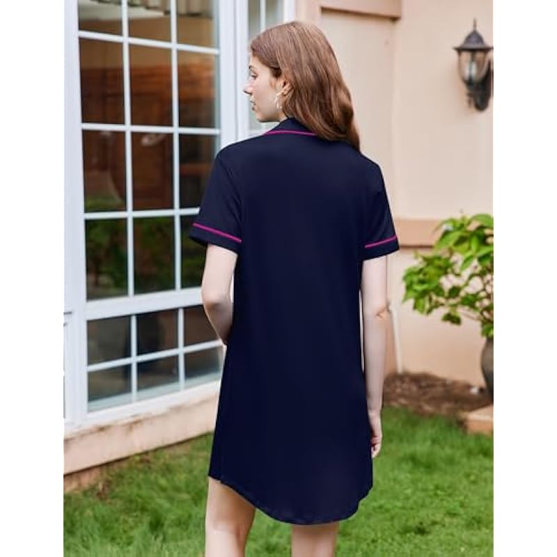 Ekouaer Nightgowns for Women Button Down Sleepshirt Short Sleeve Nightshirt Boyfriend Pajamas V Neck Nightdress S-XXXL 상세이미지 3