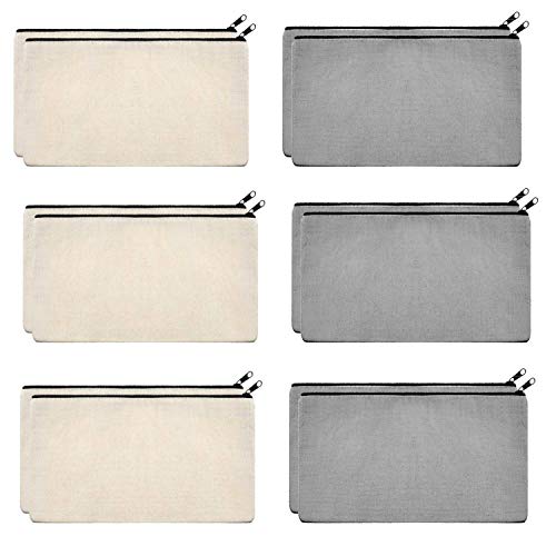 Image of Lify DIY Craft Blank Bag Canvas Makeup Pencil Pouch with Zipper- Multipurpose Pen Pencil Case Cotton Canvas Cosmetic Bag Travel Cosmetic Bag, Stylish and Durable Pouch with Zipper -12 Piece Pack