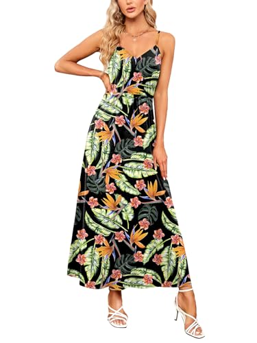 Image of HUSKARY Womens Summer Sleeveless V Neck Spaghetti Strap Pockets Beach Boho Vacation Casual Spring Maxi Dress