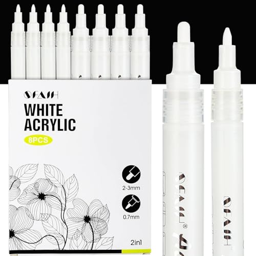 Image of SFAIH Acrylic White Paint Pens - 8 Pack 2-3MM Medium Tip & 0.7MM Extra Fine Paint Marker for Rock Painting, Wood, Metal, Fabric, Plastic, Canvas, Glass, Ceramic, Diy Crafts, White Out Pen | High Coverage, Waterproof Permanent Marker,Rock Painting, Wood, Fabric, Plastic, Canvas, Glass, Ceramic, White Out Pen