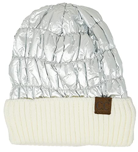 Funky Junque Damen Puffer Beanie Warm Down Pom Pom Hat & No Pom Fleece Gefüttert Strickmanschette Glänzend Metallic für Mädchen, Silberfarben/elfenbeinfarbene Manschette (ohne Pom), Einheitsgröße Cover