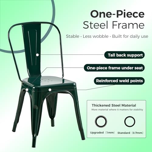Image of Metal Dining Chairs with Backrest, Stackable, Dark Green, 4 Pack | Easy Assembly, Non-Slip Feet, 330 lb Capacity, Kitchen, Restaurant, Cafe, Pub, Covered Patio