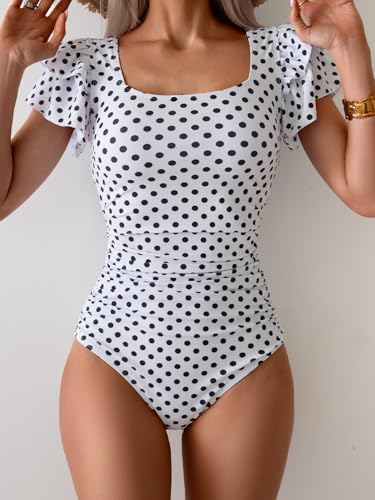Image of Eomenie Women's Tummy Control One Piece Swimsuit Ruffle Square Neck Bathing Suit Ruched Cutout Back Slimming Swimwear