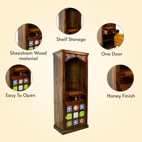 Image of Solid Sheesham Wood Temple for Home & Office /Mandir /God Stand /Pooja Stand /Home Mandap /Mandapam with Cabinet Doors & Multiple Storage /Shelf with Drawers (Honey TMT, 23x15x57 inch)
