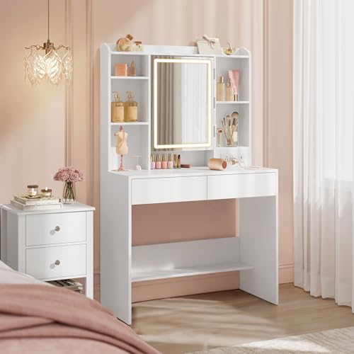 Image of VASAGLE KAILYN Collection - Vanity Desk with Power Outlets, Makeup Vanity with Mirror and Lights, Upholstered Vanity Stool, 6 Compartments, 2 Drawers, for Bedroom, Cloud White URDT031WB02S