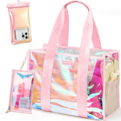 Bagstellar Beach Bags for Women 3 PCS Large Iridescent Clear Beach Tote Bag with Zipper Makeup Bag & Waterproof Phone Pouch Case Sandproof Crossbody Swim Pool Bag Summer Vacation Travel Essentials