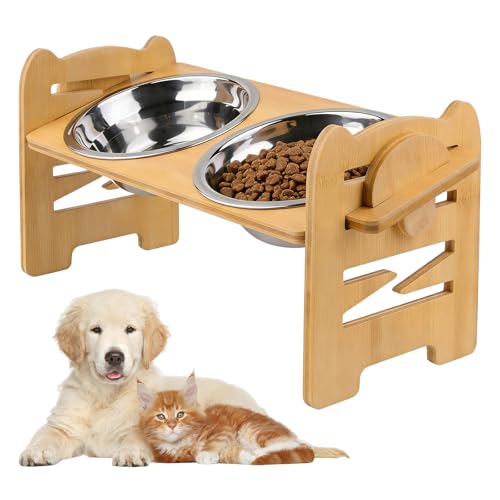 36 × 14 × 14 cm ciotola per cani rialzata ciotola regolabile in legno WIYETY con 2 ciotole in acciaio inox, supporto ecologico per cani e gatti