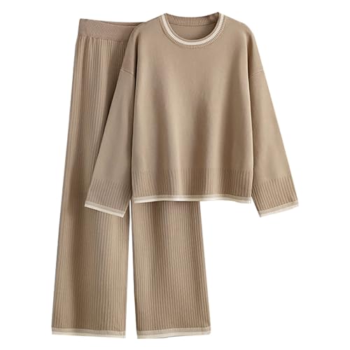 Conjunto de dos piezas para mujer, tallas grandes, bloque de colores, traje, pantalones holgados + blusa, top lounge, manga larga, jersey de punto, monocolor, suave, pantalones anchos de pierna para