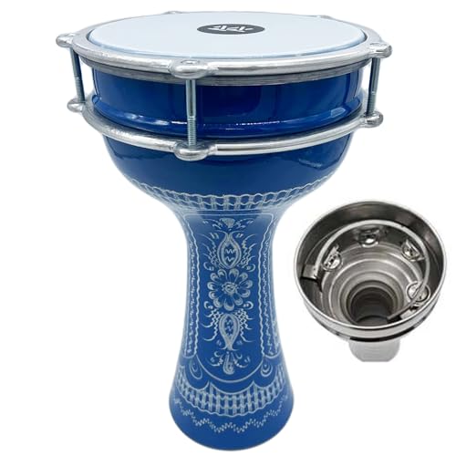 ZAZA Percussion 16'' Length Aluminum Darbuka, 8" Tunable Synthetic Head and Internal Jingles Doumbek (Blue-Engrave)