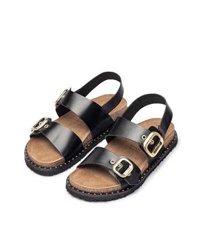 Yokono Sandalias Planas de Mujer de Piel BOLUS-252 Negro | Zapatos Mujer Primavera-Verano | Piel Vacuna Napa | 2 CM