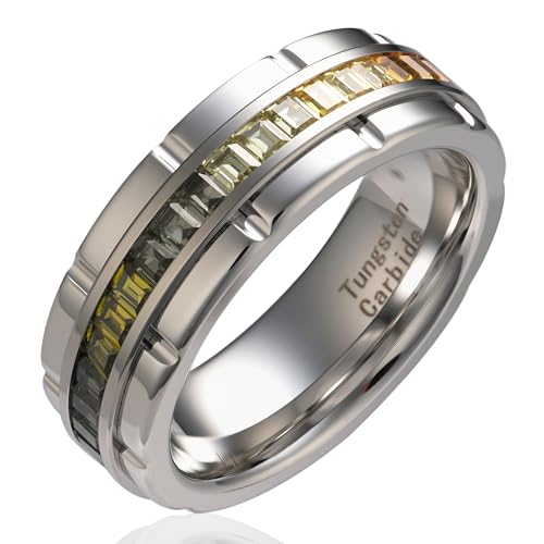 100S JEWELRY White Gold Tungsten Rings For Men Rainbow Moissanite Wedding Promise Band Size 6-16