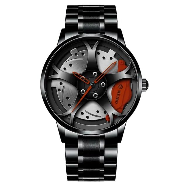 WatchAE - Luxury Mens Sports Waterproof Car Wheel Watches Fashion Men Business Stainless Steel Wheel Hub Quartz Watch Relogioss Steel Red