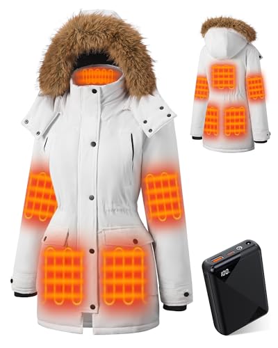 Hecusma - White Heated Jackets for Women with 18400mAh 12V Battery Pack Included, Parka Womens Heated Jacket with Detachable Hood Outdoor-2XL