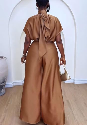 Ecirod Womens 2 Piece Church Outfits Turtleneck Bow Tie Cap Sleeve Tops High Waisted Flowy Wide Leg Palazzo Pants Set3