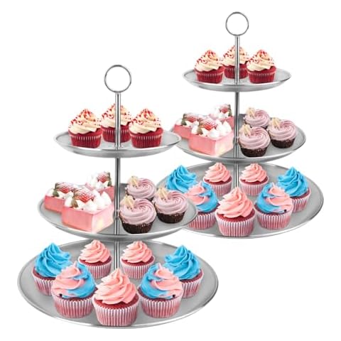 LIAISIMI 3 Tier Silver Cupcake Stand Stainless Steel Dessert Display Rack with Removable Tiered Tray for Parties,Weddings,Birthdays,Decorations,Any Festivals and Festivities(2 Pack) Cover
