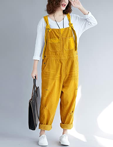Yeokou Women's Loose Baggy Denim Wide Leg Drop Crotch Jumpsuit Rompers Overalls (One Size, Style 26 Yellow)