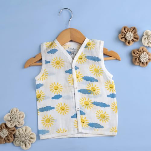 Image of Kidbea Newborn Baby Jhabla Muslin Cotton Clothes for Boys & Girls | Soft Breathable, Cute Printed Sleeveless Baby Wear with Button Closure