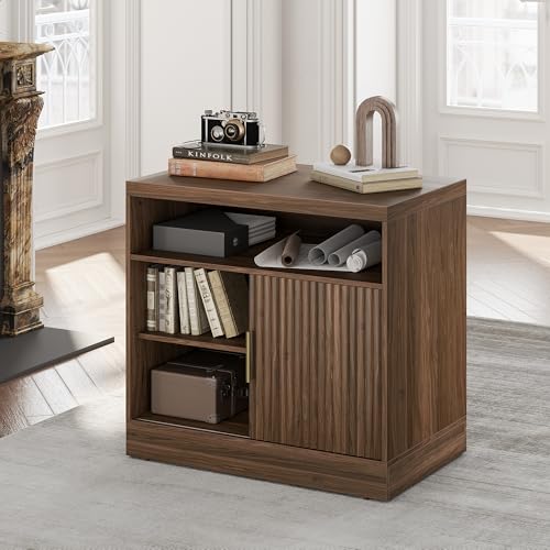 Perledesign Fluted File Cabinet with Door, 32'' Lateral File Cabinet with Open Adjustable Shelves, Wood Filing Cabinet with Sliding Door for Home Office, Black Walnut
