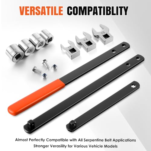 Image of Meonum Universal Serpentine Belt Tool Kit, Tensioner Wrench(Orange) | 3 /8 inch & 1 /2 inch Drive Belt Adjust Tightener Wrench Set, 4 Shallow Sockets, 3 Crowfoot, Removal Tool Auto Repair, Maintenance