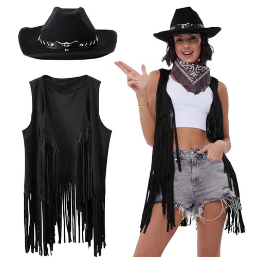 PARTTELY Western Outfits for Women Cowgirl Tassel Sleeveless Vest Cowboy Hat and Paisley Bandana