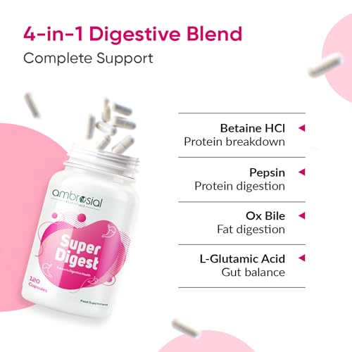 Ambrosial Super Digest with Betaine hcl Pepsin, Ox-Bile, Pancreatin & L-Glutamic Acid | Digestive Enzyme Supplements to Support Optimal Digestion & Gut Health (Pack of 1-120 Capsules)