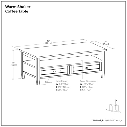 SIMPLIHOME Warm Shaker Solid Wood Transitional-Style 48-inch Wide Coffee Table with 2 Drawers and 2 14-inch Wide Narrow End Tables with 1 Drawer in Black for Living Room