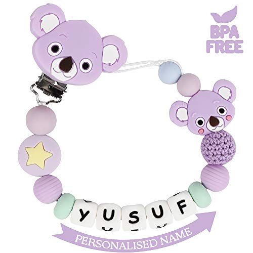 Attache Sucette Nom Personnalisé Prenom Silicone Koala Clips factices Anneau de Dentition pour Garçons et Filles Bébé Sans BPA (Violet)